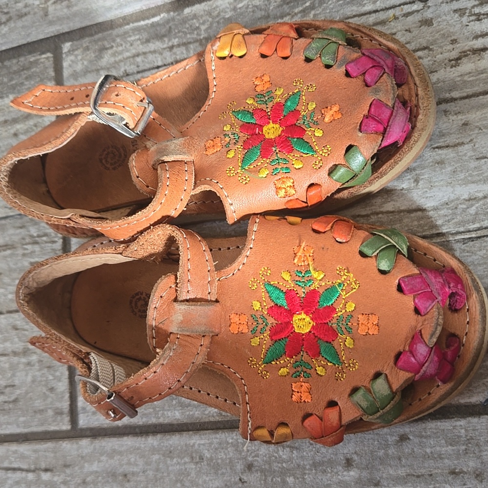 Embellished Tan Leather Mary Jane Sandals with Floral Embroidery